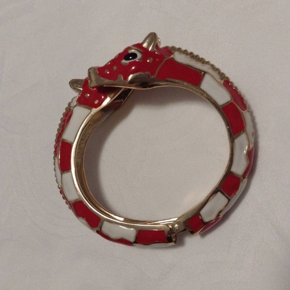 Red Enamel Double Dragon Head Bracelet - Gold Accent